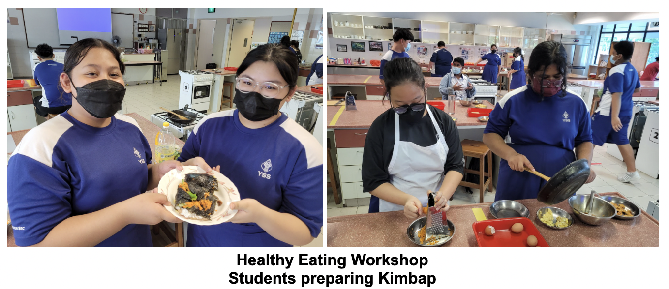 Students in blue uniforms and masks prepare and display Kimbap during a school Healthy Eating Workshop.